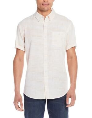 Weatherproof Vintage Washable Linen Shirt Mens M Tan Cream Striped Short Sleeve